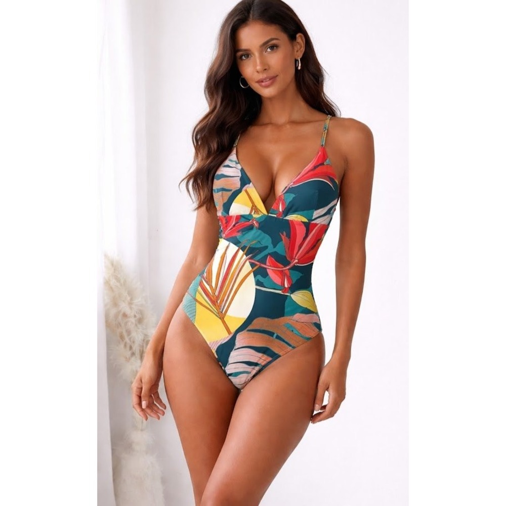 CALIA Triangle Strappy Back One Piece Women 14‎ Sea NEW Botanical Print Swimsuit